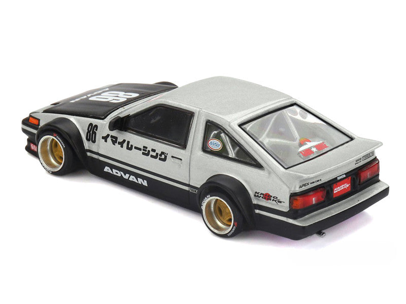 Toyota AE86 Sprinter Trueno RHD (Right Hand Drive) #86 "Kaido Street V2" Silver Metallic and Black with Carbon Hood and Graphics (Designed by Jun Imai) "Kaido House" 1/64 Die Cast Model Car by Mini GT