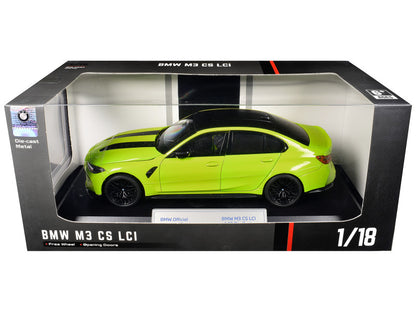 BMW M3 CS LCI Lime Green Metallic with Matt Black Top and Hood Stripes 1/18 Diecast Model Car by Heimanba