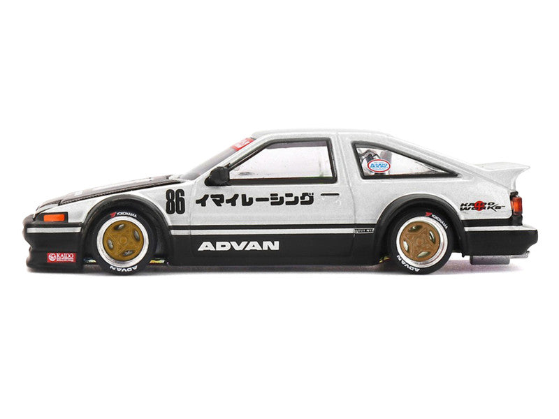 Toyota AE86 Sprinter Trueno RHD (Right Hand Drive) #86 "Kaido Street V2" Silver Metallic and Black with Carbon Hood and Graphics (Designed by Jun Imai) "Kaido House" 1/64 Die Cast Model Car by Mini GT