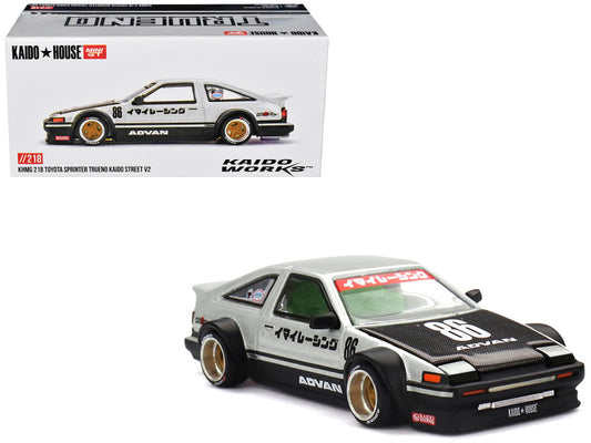 Toyota AE86 Sprinter Trueno RHD (Right Hand Drive) #86 "Kaido Street V2" Silver Metallic and Black with Carbon Hood and Graphics (Designed by Jun Imai) "Kaido House" 1/64 Die Cast Model Car by Mini GT