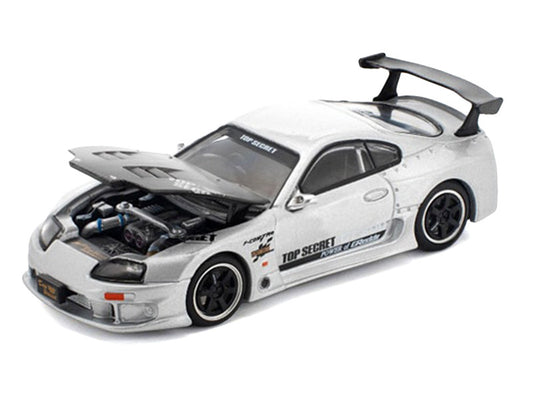 Toyota Supra "Top Secret" GT300 RHD (Right Hand Drive) Silver Metallic with Carbon Hood 1/64 Diecast Model Car by Pop Race