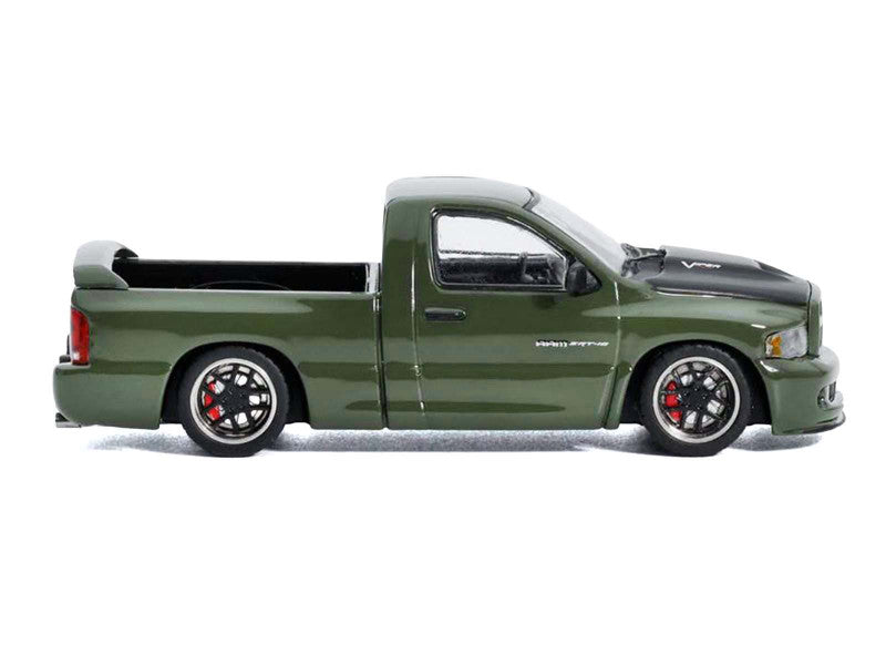2003 Dodge Ram SRT-10 Pickup Truck Green Metallic with Matt Black Hood 1/64 Diecast Model Car by Shoom64 Models